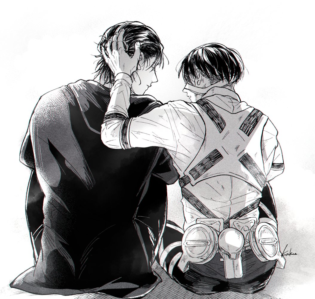 2boys eren_yeager from_behind greyscale hand_on_another's_head levi_(shingeki_no_kyojin) looking_at_another male_focus monochrome multiple_boys scolding shingeki_no_kyojin short_hair side-by-side sitting sn_kaky three-dimensional_maneuver_gear