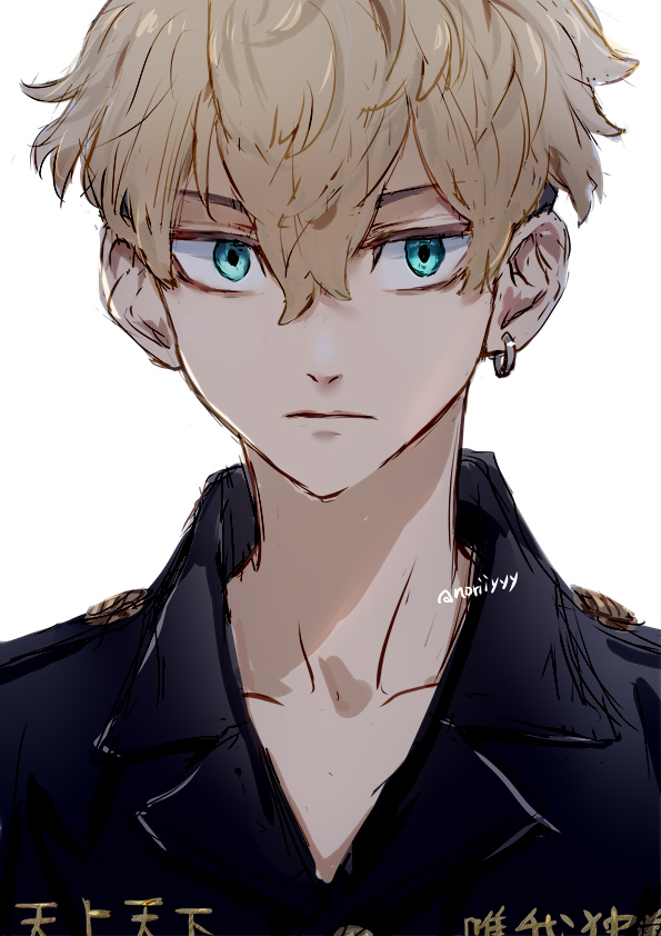 1boy black_shirt blonde_hair closed_mouth commentary_request earrings green_eyes hair_between_eyes hoop_earrings jewelry lapels male_focus matsuno_chifuyu nori20170709 notched_lapels shirt short_hair simple_background single_earring solo tokyo_revengers twitter_username undercut white_background