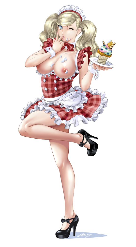 1girl albyee apron bare_legs black_footwear blonde_hair blue_eyes bow bowtie breasts breasts_out buttons collarbone commission cupcake detached_collar double-breasted dress finger_in_own_mouth food food_on_body food_on_breasts food_on_face frilled_dress frilled_sleeves frills hairband hands_up holding icing large_breasts legs licking licking_finger looking_at_viewer maid maid_apron maid_headdress nipples one_eye_closed parted_lips persona persona_5 plaid plaid_dress red_bow red_bowtie red_dress red_hairband shadow shiny_skin short_dress short_sleeves signature simple_background sleeve_cuffs solo standing standing_on_one_leg swept_bangs takamaki_anne thighs twintails waitress white_apron white_background