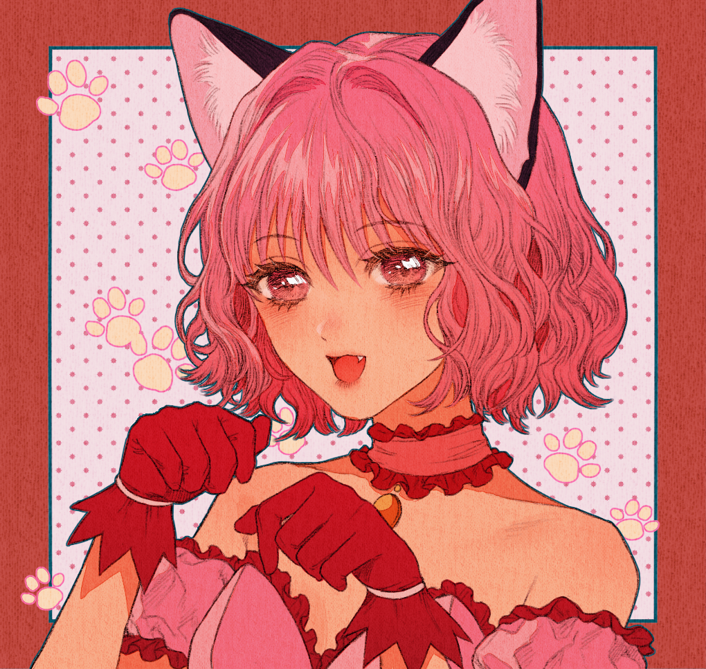 1girl animal_ears bare_shoulders black_fur cat_ears cat_girl choker clenched_hands detached_sleeves dress frilled_choker frilled_dress frilled_sleeves frills gloves hands_up happy mew_ichigo momomiya_ichigo open_mouth paw_print paw_print_background pink_choker pink_eyes pink_hair pink_shirt polka_dot polka_dot_background red_gloves ry1115275908 shirt short_hair smile solo strapless tokyo_mew_mew wavy_hair