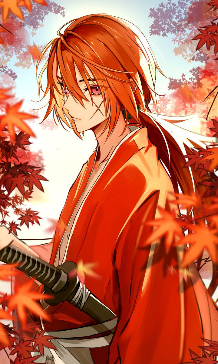 1boy autumn blurry blurry_background blurry_foreground closed_mouth collarbone commentary_request cross_scar hair_between_eyes hand_on_hilt highres himura_kenshin japanese_clothes katana kimono leaf long_hair long_sleeves low_ponytail male_focus maple_leaf maple_tree ogura_aoi outdoors partial_commentary red_eyes red_hair red_kimono rurouni_kenshin samurai scar scar_on_cheek scar_on_face sheath sheathed solo sword tree upper_body weapon wide_sleeves