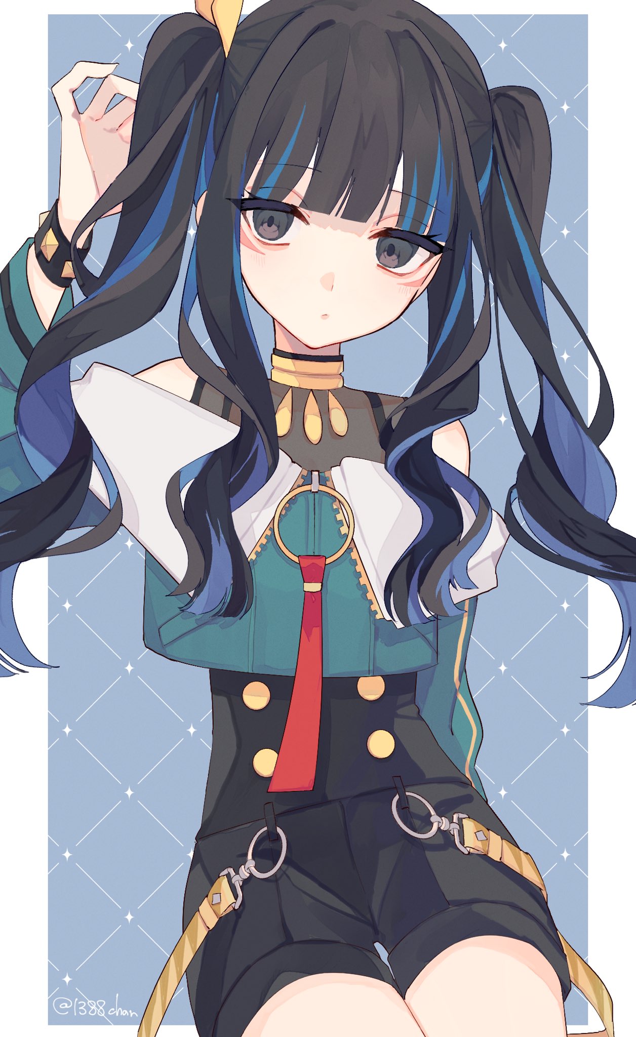 1388chan 1girl alternate_hairstyle black_eyes black_hair blue_background blue_hair blunt_bangs border buttons closed_mouth colored_inner_hair commentary_request facial_mark fate/grand_order fate_(series) highres invisible_chair long_hair long_sleeves looking_at_viewer multicolored_hair outside_border simple_background sitting solo tenochtitlan_(fate) tenochtitlan_(second_ascension)_(fate) twintails twitter_username two-tone_hair wavy_hair white_border