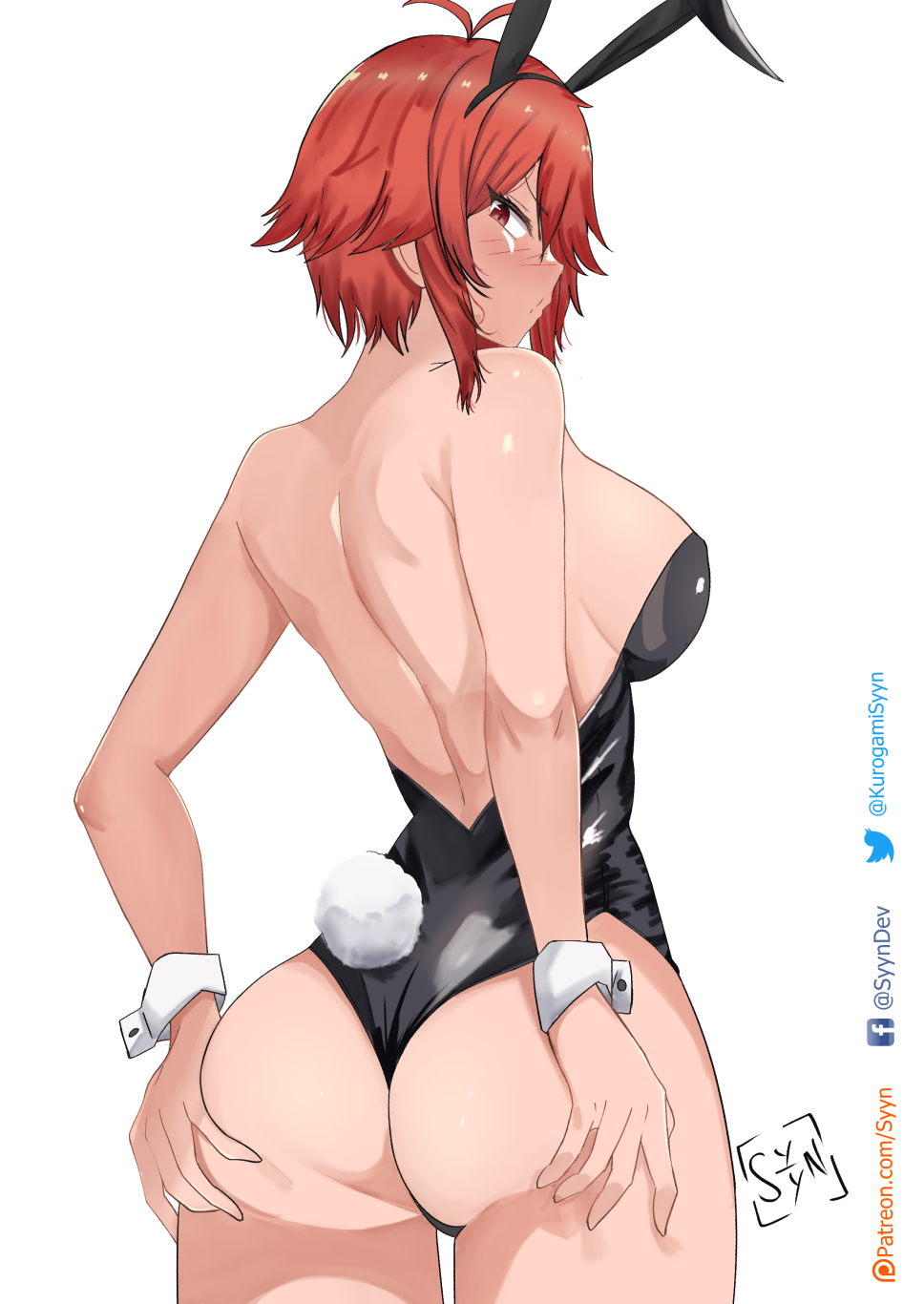 1girl aizawa_tomo animal_ears antenna_hair artist_logo artist_name ass ass_grab bare_back bare_shoulders black_leotard blush breasts facebook_username fake_animal_ears fake_tail from_behind hand_on_own_ass highres large_breasts leotard looking_at_viewer looking_back nipples patreon_username playboy_bunny pout rabbit_ears rabbit_tail red_eyes red_hair shiny_skin short_hair simple_background solo strapless strapless_leotard syyn_(syyndev) tail tomo-chan_wa_onna_no_ko twitter_username wardrobe_malfunction white_background wrist_cuffs