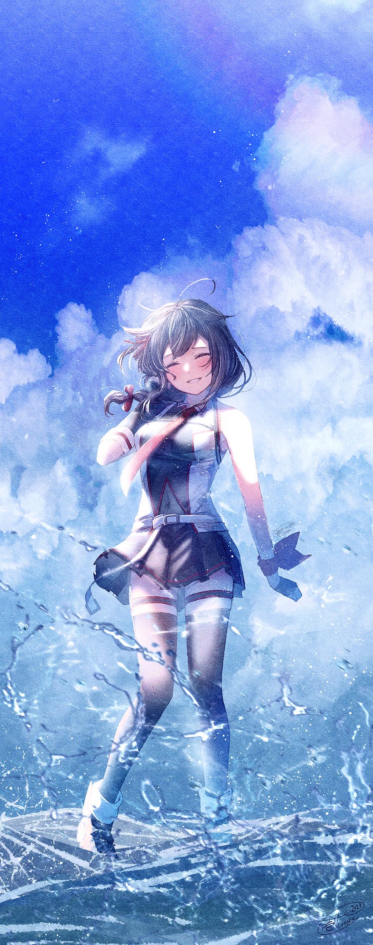 1girl ahoge artist_name black_footwear black_gloves black_hair black_thighhighs braid chest_harness closed_eyes day facing_viewer full_body gloves grin hair_flaps harness highres ittokyu kantai_collection long_hair necktie ocean outdoors red_necktie shigure_(kancolle) shigure_kai_san_(kancolle) shoes signature single_braid sleeveless smile solo standing standing_on_liquid thighhighs water