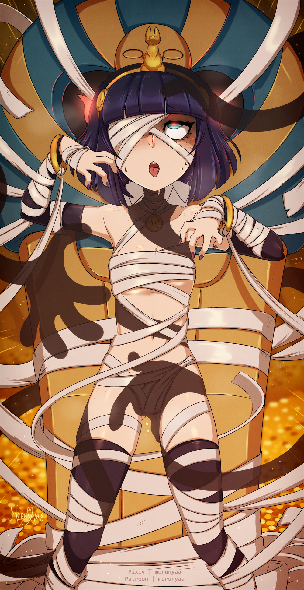 1girl :3 :d arm_warmers armpits artist_name bad_id bad_pixiv_id bandage_over_one_eye bandaged_arm bandaged_chest bandaged_head bandaged_leg bandages bare_shoulders black_arm_warmers black_hair black_thighhighs blue_eyes blunt_bangs blunt_ends bob_cut body_freckles breasts claw_pose cleavage cofagrigus collarbone commentary egyptian_clothes english_commentary feet_out_of_frame fingering fingering_through_clothes freckles ghost_hands glowing glowing_eyes gold gold_bracelet gold_hairband grabbing hairband hand_on_another's_leg hand_on_another's_neck hands_up headdress highres kasia_mikolajczyk looking_at_viewer loose_bandages medallion merunyaa midriff mummy_costume nail_polish naked_bandage naughty_face navel open_mouth original patreon_username pixiv_username pokemon pokemon_(creature) purple_nails reaching red_eyes red_pupils rolling_eyes sarcophagus shaded_face short_hair signature skindentation small_breasts smile solo spread_fingers standing straight-on teeth thighhighs through_clothes tongue tongue_out underboob upper_teeth_only