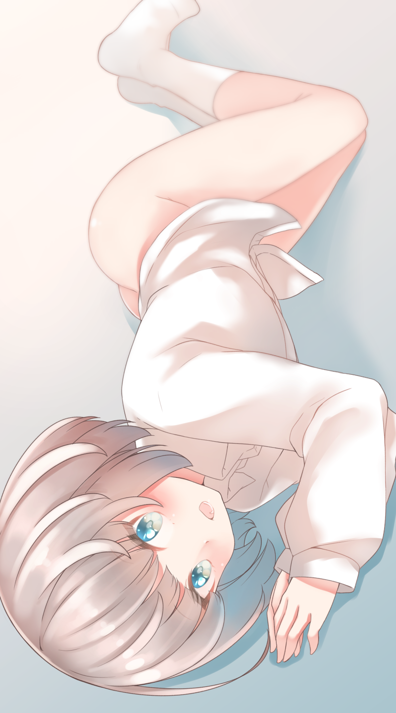 1girl :d arms_up blue_eyes bottomless brown_hair collared_shirt comah dress_shirt highres long_sleeves looking_at_viewer lying no_shoes on_side original puffy_long_sleeves puffy_sleeves shirt short_hair smile socks solo white_shirt white_socks