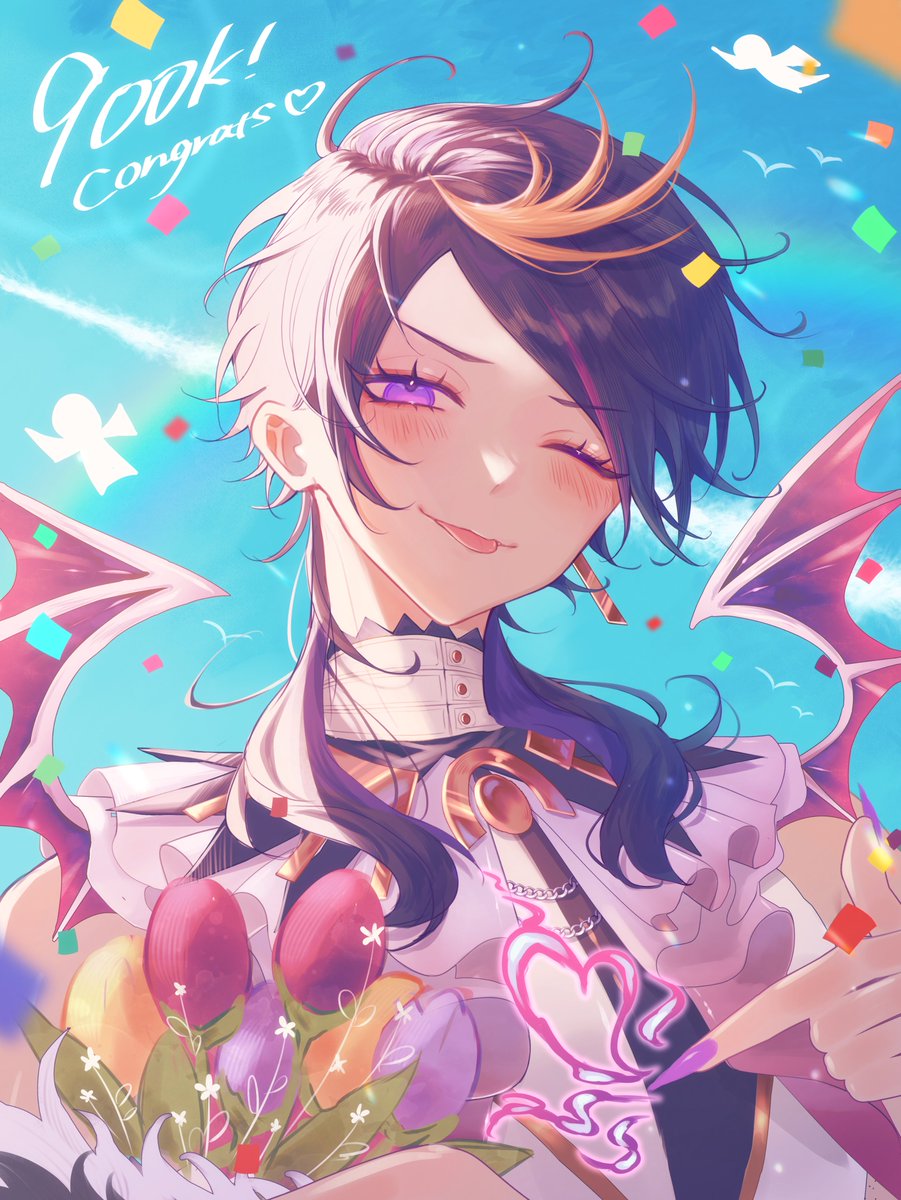1boy ;p black_hair blonde_hair blue_sky blush bouquet chain closed_mouth commentary confetti contrail day demon_wings detached_collar earrings eyelashes eyeshadow fingernails fire flower frills green_nails hair_over_shoulder hand_up heart highres holding holding_bouquet jewelry long_fingernails long_hair looking_at_viewer makeup male_focus milestone_celebration mochigome_(yum) multicolored_hair nail_polish nijisanji nijisanji_en one_eye_closed outdoors parted_bangs pink_hair purple_eyes purple_fire purple_flower purple_hair red_eyeshadow red_flower sharp_fingernails shikigami shirt shu_yamino shu_yamino_(1st_costume) sidelocks single_earring sky sleeveless sleeveless_shirt smile solo streaked_hair swept_bangs tongue tongue_out tulip turtleneck upper_body virtual_youtuber wings yaminion_(shu_yamino) yellow_flower