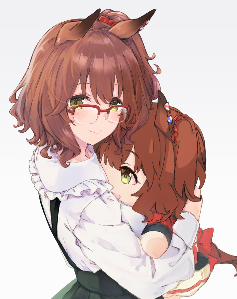 1girl animal_ears aston_machan_(umamusume) brown_hair character_doll chokin-bako_no_futa closed_mouth commentary_request doll ear_ornament frilled_shirt frills glasses green_eyes green_skirt hair_between_eyes hair_ornament holding holding_doll horse_ears horse_girl hugging_doll hugging_object light_blush long_sleeves looking_at_viewer looking_back official_alternate_costume red-framed_eyewear semi-rimless_eyewear shirt short_hair side_ponytail simple_background skirt smile solo umamusume upper_body white_background