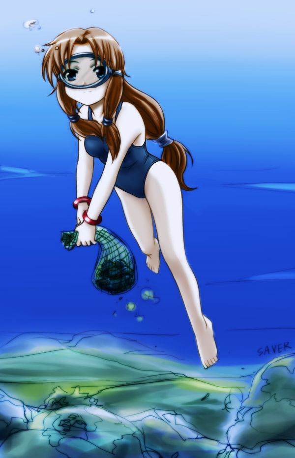 1girl air_bubble artist_name bangle barefoot blue_eyes blue_one-piece_swimsuit bracelet bubble diving_mask freediving goggles jewelry long_hair net ocean one-piece_swimsuit original saver_(artbysaver) seashell shell signature solo swimming swimsuit underwater