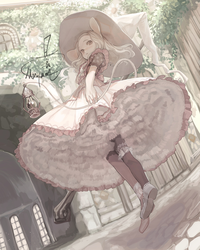 1girl animal_ears brown_eyes brown_thighhighs dress full_body hat holding holding_staff lantern long_hair looking_at_viewer mizutame_tori mouse_ears original outdoors staff tail thighhighs white_dress white_footwear white_hair white_headwear witch_hat