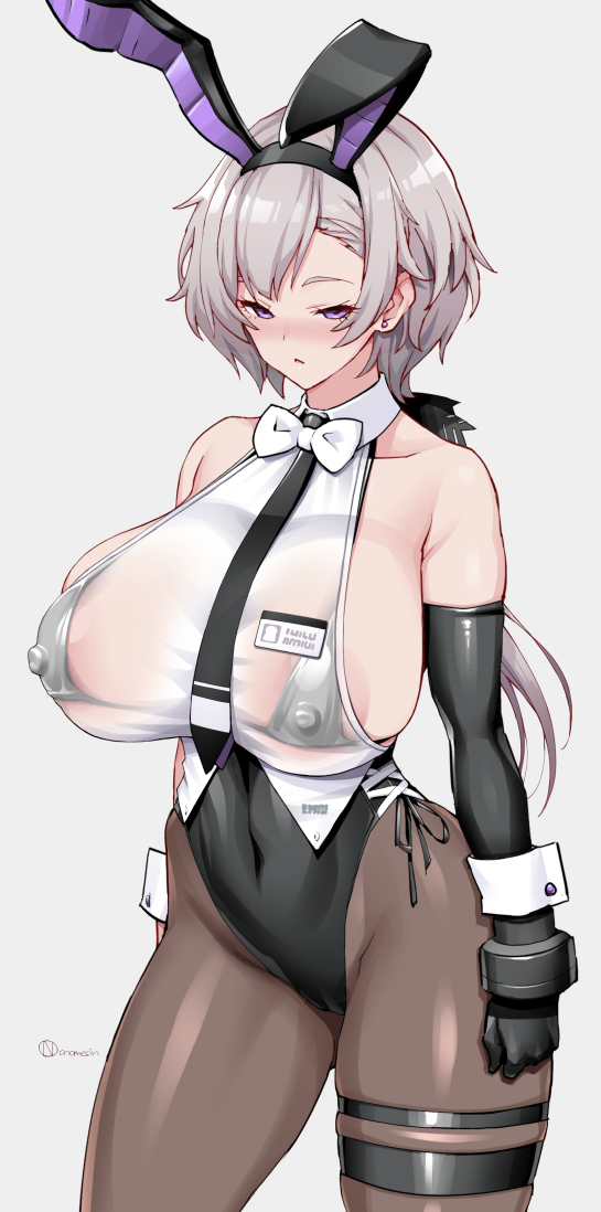 1girl animal_ears azur_lane bare_shoulders bikini bikini_top_only bikini_under_clothes black_bikini black_hairband black_leotard black_necktie black_pantyhose blush bow bowtie breasts collarbone collared_shirt commentary_request covered_navel covered_nipples cowboy_shot earrings elbow_gloves fake_animal_ears gloves grey_hair hairband jewelry large_breasts leotard long_hair looking_at_viewer low_ponytail metal_gloves necktie nose_blush official_alternate_costume onomeshin paid_reward_available pantyhose parted_lips partial_commentary playboy_bunny purple_eyes rabbit_ears reno_(azur_lane) reno_(reno_bunnino)_(azur_lane) see-through see-through_shirt shirt side-tie_leotard sideboob sideless_shirt sidelocks signature simple_background single_elbow_glove skindentation sleeveless solo standing stud_earrings swimsuit thigh_strap white_bow white_bowtie wrist_cuffs