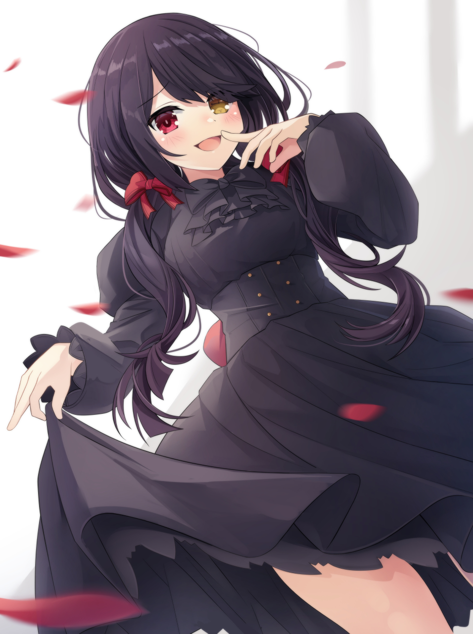 1girl :d black_dress black_hair blush bow breasts buttons clock_eyes clothes_lift corset cowboy_shot date_a_live double-breasted dress dress_lift finger_to_mouth from_below giga-tera hair_bow hair_over_one_eye hand_up heterochromia highres lifted_by_self long_hair looking_at_viewer medium_breasts red_bow red_eyes smile solo symbol-shaped_pupils teasing tokisaki_kurumi twintails very_long_hair yellow_eyes