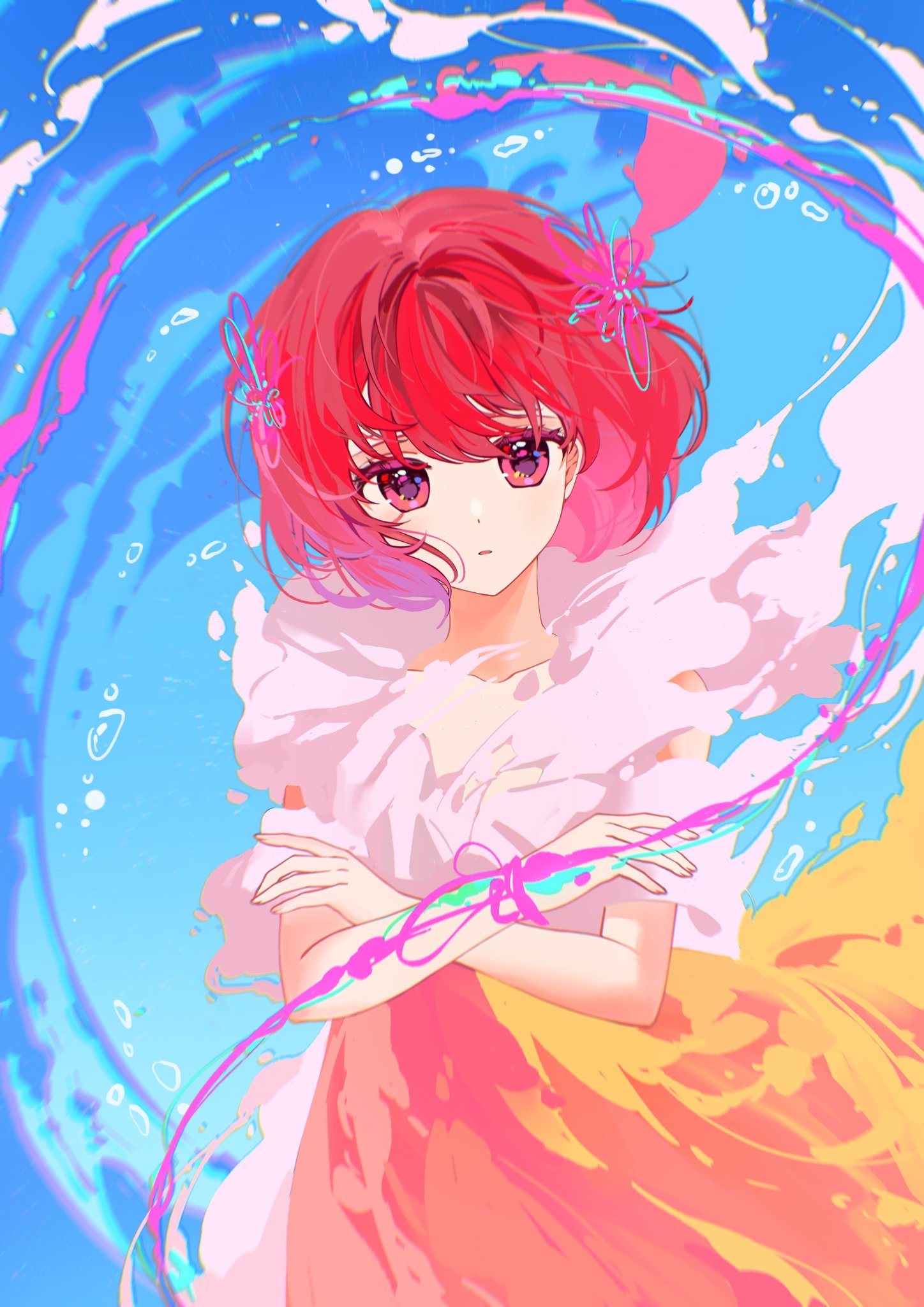 1girl arima_kana blue_background bob_cut closed_mouth dress highres inverted_bob looking_at_viewer orange_dress oshi_no_ko red_eyes red_hair ribbon sad shawl short_hair solo solo_focus unhappy upper_body white_shawl xiang_yu_pai