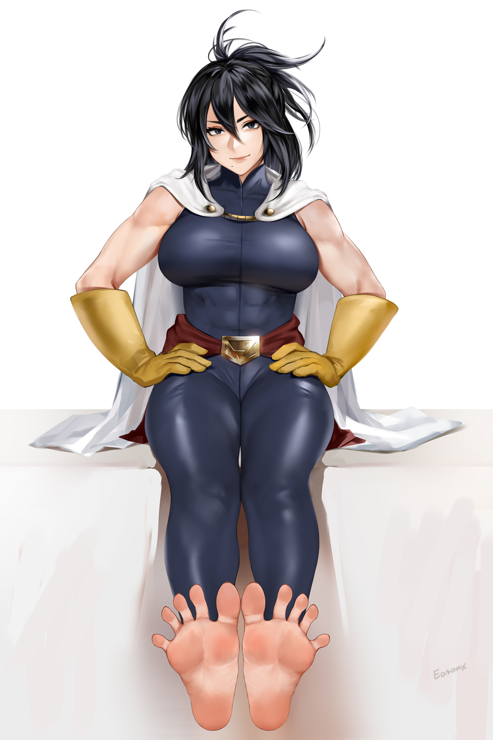 1girl artist_name barefoot black_hair blue_bodysuit bodysuit boku_no_hero_academia breasts cape covered_abs covered_navel easonx feet feet_up full_body gloves hair_between_eyes hands_on_own_hips highres large_breasts long_hair looking_at_viewer mole mole_under_mouth muscular muscular_female shimura_nana sitting sleeveless sleeveless_bodysuit soles solo spread_toes taut_bodysuit toes white_background white_cape yellow_gloves