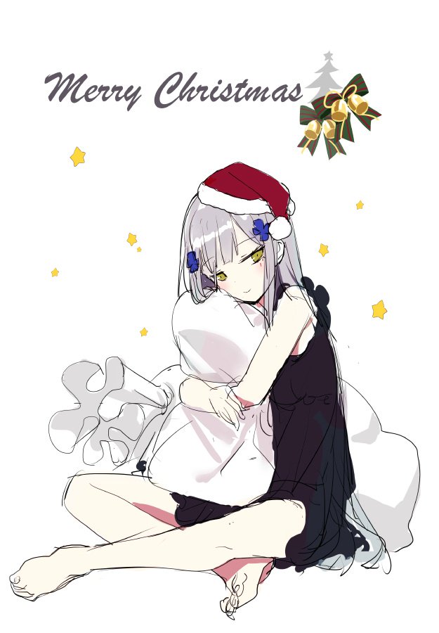 1girl artist_request bare_legs barefoot black_dress blunt_bangs blush check_artist christmas closed_mouth commentary_request cross cross_hair_ornament dress full_body girls'_frontline green_eyes grey_hair gyaku_tsubasa hair_ornament half-closed_eyes hat head_tilt hk416_(girls'_frontline) hugging_object indian_style iron_cross long_hair looking_to_the_side merry_christmas pillow pillow_hug red_headwear sack santa_hat simple_background sitting sketch smile solo star_(symbol) teardrop_facial_mark third-party_source very_long_hair white_background white_bag