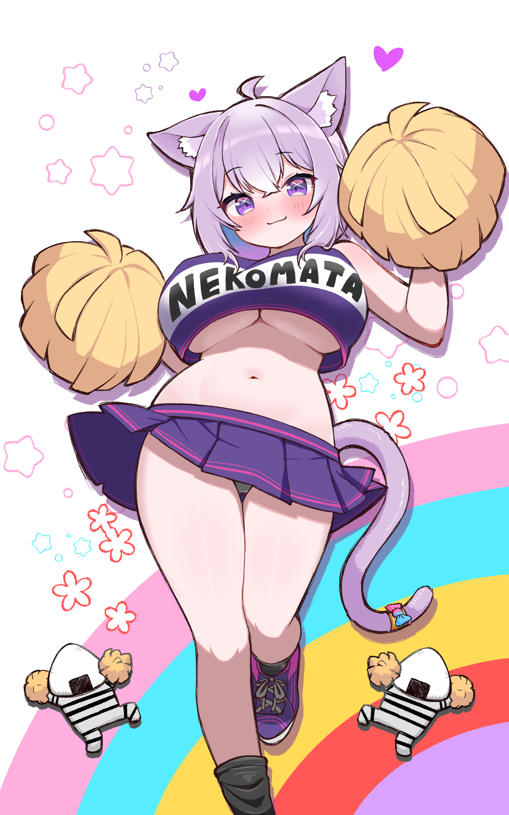 1girl :3 ahoge alternate_costume animal_ear_fluff animal_ears bare_arms bare_shoulders black_panties black_socks blush breasts cat_ears cat_girl cat_ornament cat_tail character_name closed_mouth colored_inner_hair contrapposto crop_top crop_top_overhang curvy feet_out_of_frame food from_below hair_between_eyes hands_up highres holding holding_pom_poms hololive kani_bonara large_breasts looking_at_viewer medium_hair midriff miniskirt multicolored_hair navel nekomata_okayu no_bra onigiri onigirya_(nekomata_okayu) panties panty_peek pantyshot pleated_skirt pom_pom_(cheerleading) purple_eyes purple_hair purple_skirt rainbow romaji_text shoes skirt smile sneakers socks standing standing_on_one_leg tail thigh_gap underboob underwear virtual_youtuber wide_hips