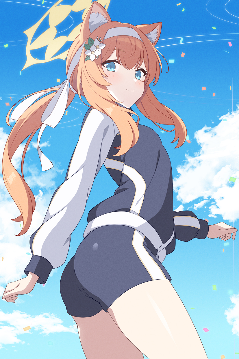 1girl animal_ear_fluff blue_archive blue_eyes blush breasts flower gym_shorts gym_uniform hair_between_eyes hair_flower hair_ornament hairband halo headband highres jacket long_hair looking_at_viewer mari_(blue_archive) mari_(gym_uniform)_(blue_archive) multicolored_clothes multicolored_jacket official_alternate_costume orange_hair outdoors ponytail rin_ateria short_shorts shorts small_breasts smile track_jacket two-tone_jacket white_flower white_hairband white_headband