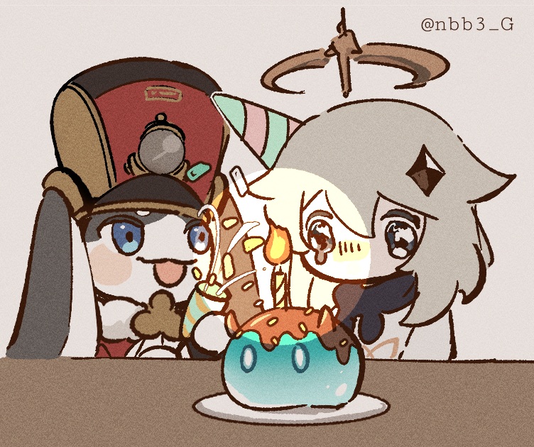 1girl 1other birthday black_eyes black_scarf blue_eyes blush_stickers candle chibi commentary confetti english_commentary fire flame floppy_ears fur-trimmed_jacket fur_trim genshin_impact grey_hair hair_between_eyes halo hat honkai:_star_rail honkai_(series) jacket long_hair looking_at_another nbb3 open_mouth paimon_(genshin_impact) party_popper plate pom-pom_(honkai:_star_rail) red_headwear red_jacket scarf shako_cap shirt sidelocks slime_(genshin_impact) smile table upper_body wavy_eyes white_shirt wooden_table