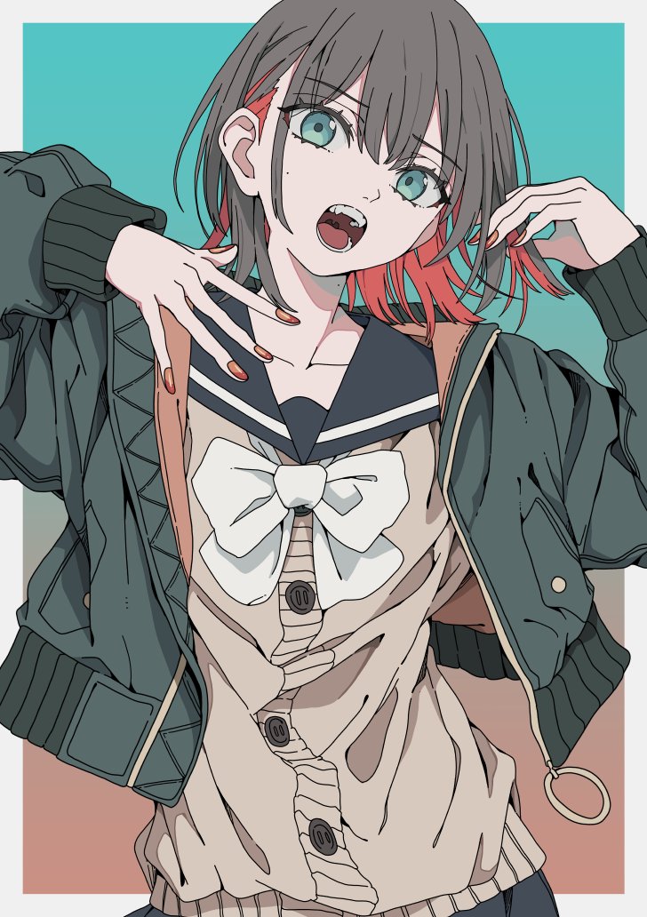 1girl black_sailor_collar black_skirt blue_background bomber_jacket border brown_hair cardigan collarbone commentary fang fingernails gradient_background green_eyes green_jacket haku_geroda hand_in_own_hair hands_up jacket long_sleeves looking_at_viewer mole mole_on_neck mole_under_eye multicolored_hair multicolored_nails nail_polish neckerchief open_mouth orange_background orange_nails original pleated_skirt red_hair red_nails sailor_collar school_uniform serafuku short_hair simple_background skirt solo swept_bangs teeth tongue two-tone_hair upper_body uvula white_border white_neckerchief