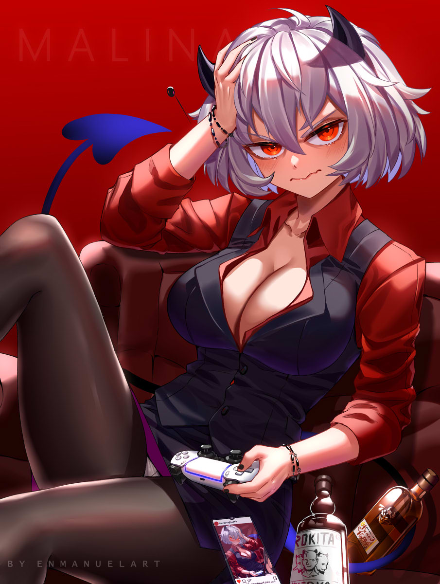 1girl black_pantyhose breasts cleavage closed_mouth collarbone collared_shirt controller demon_girl demon_horns demon_tail enmanuelart20 frown game_controller hand_on_own_head highres holding holding_controller holding_game_controller horns large_breasts long_sleeves looking_at_viewer malina_(helltaker) medium_hair pantyhose red_eyes red_shirt shirt sitting sleeves_rolled_up solo tail vest white_hair