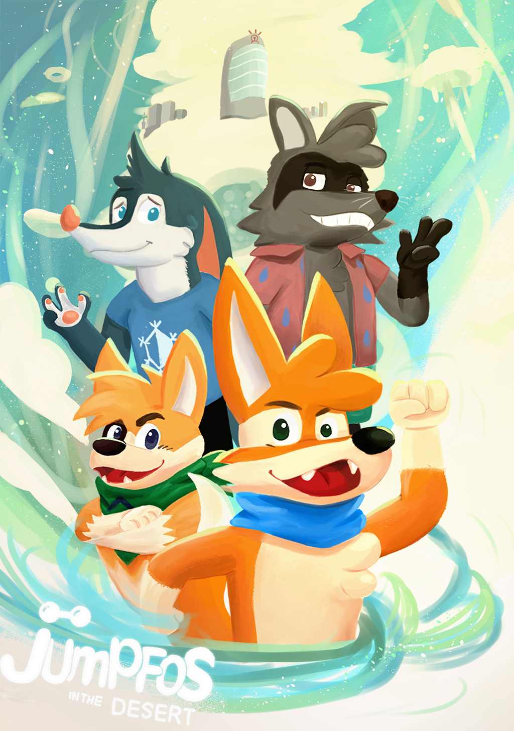 2d adventure animated anthro application canid canine canis city domestic_dog fennec fox game_(disambiguation) group hi_res jkfussy jumpfos male mammal procyonid raccoon sky