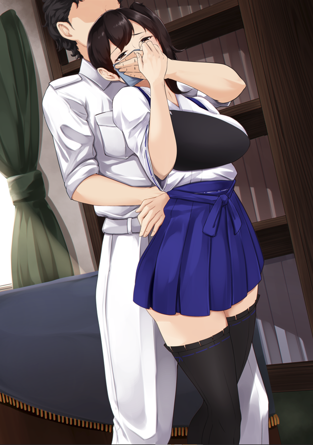 1boy 1girl black_thighhighs blue_skirt breasts chloroform covering_mouth dutch_angle gagged hand_gagged hand_over_another's_mouth indoors kaga_(kancolle) kantai_collection looking_at_viewer pleated_skirt side_ponytail skirt tadokoro_nurikabe thighhighs