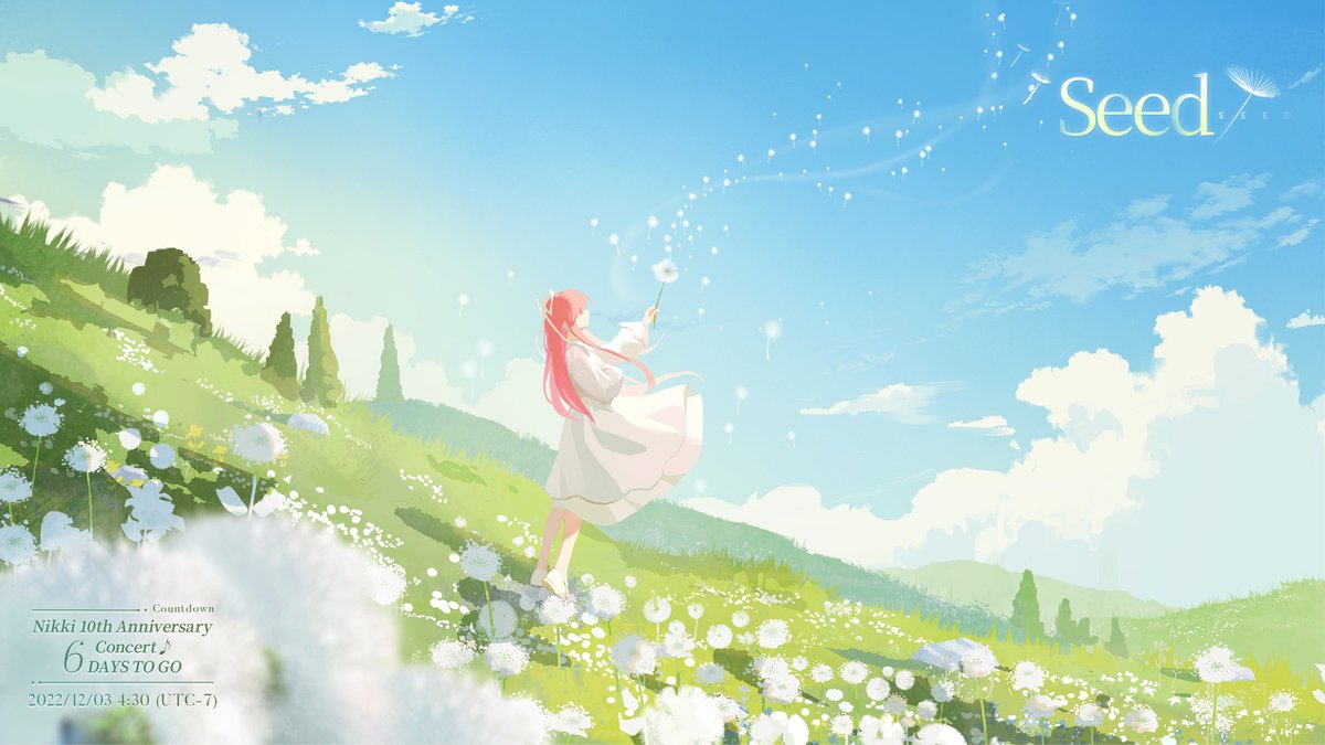 1girl anniversary bare_legs blurry blurry_foreground chinese_text clear_sky cloud dandelion dated day dress english_commentary english_text field flower flower_field grass hill holding holding_flower infinity_nikki long_hair looking_up miracle_nikki nikki_(miracle_nikki) official_art outdoors pink_hair ribbon shining_nikki sky solo tree white_dress white_footwear wind