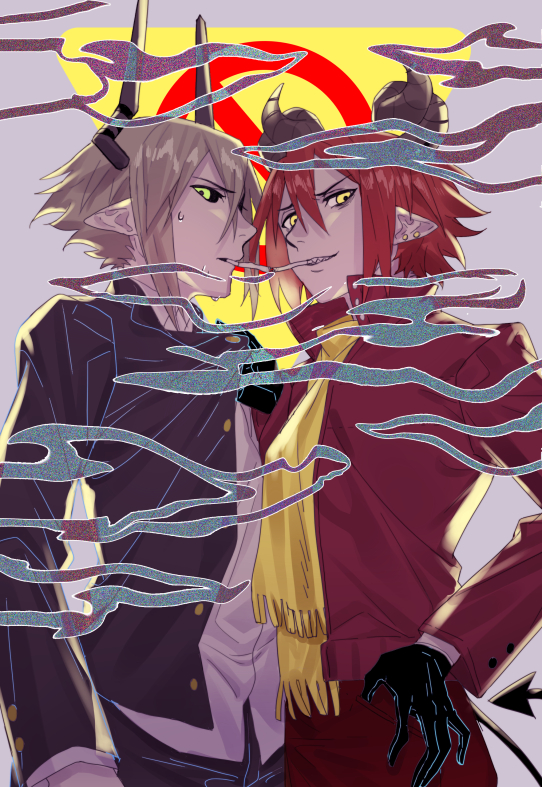 2boys black_gloves black_jacket black_pants black_sclera cigarette clothes_grab collared_shirt colored_sclera demon_boy demon_horns demon_tail gloves green_eyes gyakuten_(sutare_yume) horns jacket jacket_grab majiang male_focus multiple_boys pants pointy_ears red_hair red_pants red_shirt scarf sharp_teeth shirt short_hair smoking sullivan_(sutare_yume) sutare_yume sweat tail teeth white_shirt yellow_eyes yellow_scarf