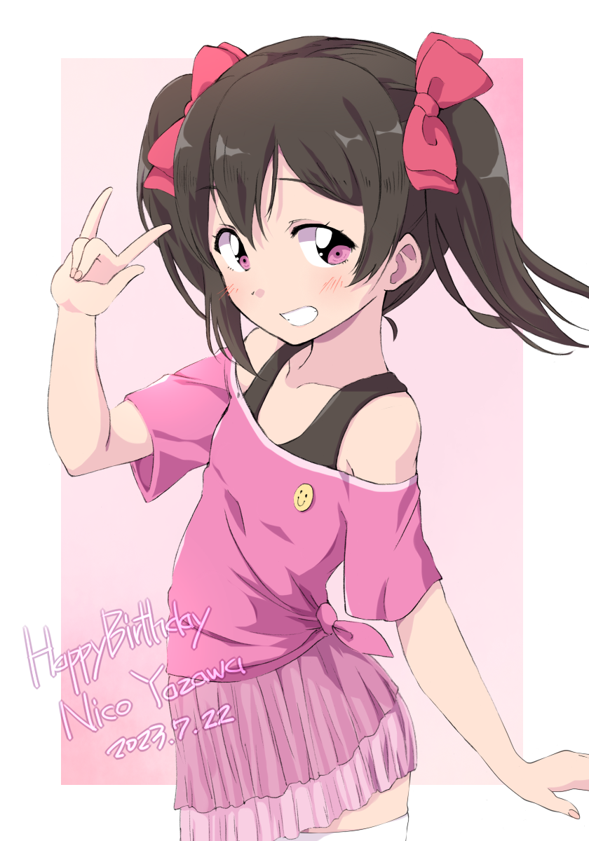 1girl \m/ bare_shoulders black_hair blush bow character_name collarbone dated grin hair_between_eyes hair_bow hand_up happy_birthday highres looking_at_viewer love_live! love_live!_school_idol_project off-shoulder_shirt off_shoulder pink_background pink_eyes pink_shirt pink_skirt pleated_skirt red_bow sen_(sen0910) shirt skirt smile solo thighhighs twintails two-tone_background white_background white_thighhighs yazawa_nico