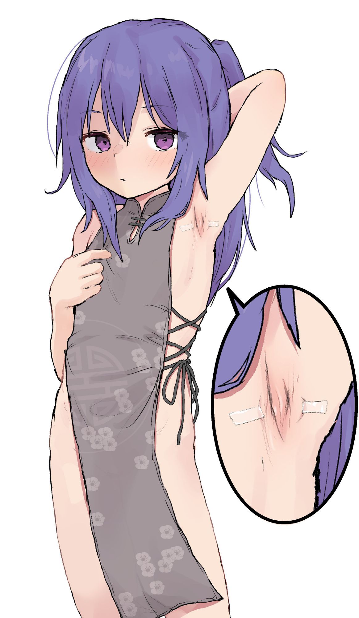 1girl akatsuki_hayane arm_behind_head arm_up armpits bare_arms bare_shoulders blush china_dress chinese_clothes closed_mouth commentary_request dress grey_dress hair_between_eyes highres long_hair looking_at_viewer original ponytail presenting_armpit purple_eyes purple_hair simple_background sleeveless sleeveless_dress solo spread_armpit standing tape white_background yakihebi