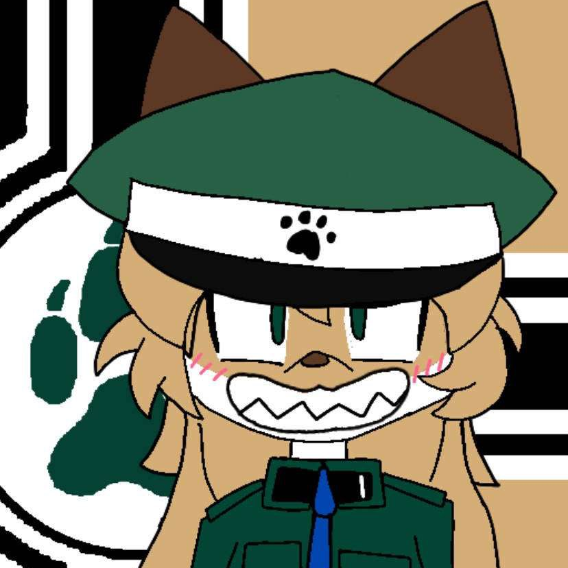 anthro averi_(fiddleafox) brown_body brown_fur canid canine clothing female female_anthro flag_background fox fur green_clothing green_eyes grin hair hat headgear headwear mammal markings necktie smile solo unknown_artist white_body white_fur