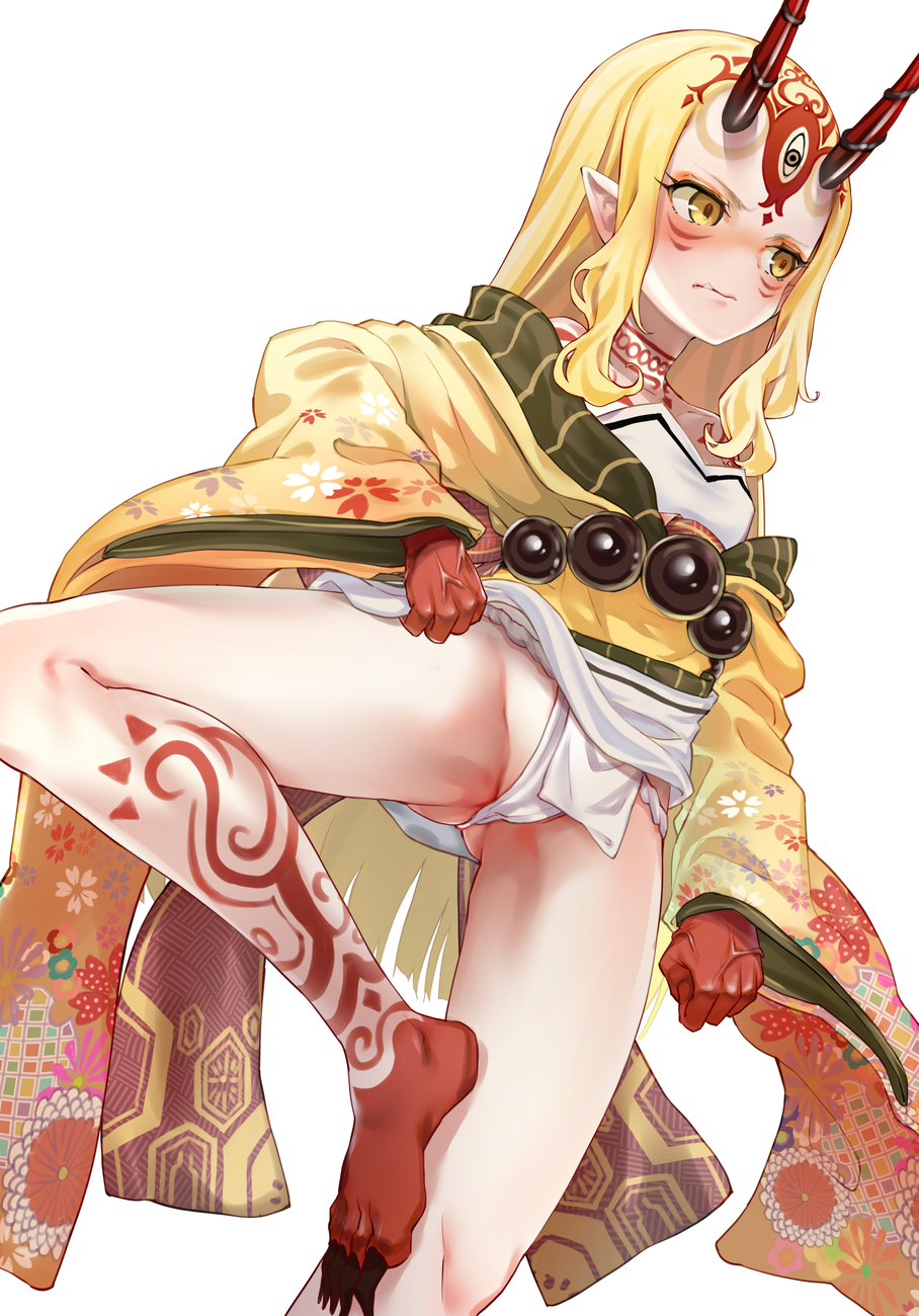 1girl blonde_hair blush boshi_(a-ieba) clothes_lift commission cup eyeliner facial_mark fate/grand_order fate_(series) fingernails forehead_mark headpiece highres horns ibaraki_douji_(fate) japanese_clothes kimono lifted_by_self long_hair looking_at_viewer makeup oni oni_horns open_mouth pointy_ears sakazuki sharp_fingernails sharp_toenails simple_background skeb_commission skin-covered_horns solo standing standing_on_one_leg tattoo toenails yellow_eyes yellow_kimono