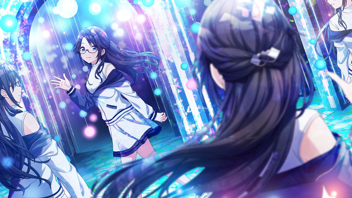 3girls arch black_hair blue_eyes blurry blurry_foreground bokeh breasts clone commentary depth_of_field diffraction_spikes dutch_angle game_cg glasses glowing hair_ornament half_updo hood hood_down idolmaster idolmaster_shiny_colors jacket long_hair mitsumine_yuika multiple_girls off_shoulder official_art parted_bangs pocket reflection semi-rimless_eyewear shirt sidelocks skirt sleeveless sleeveless_shirt small_breasts smile turtleneck under-rim_eyewear walking waving white_jacket white_shirt white_skirt