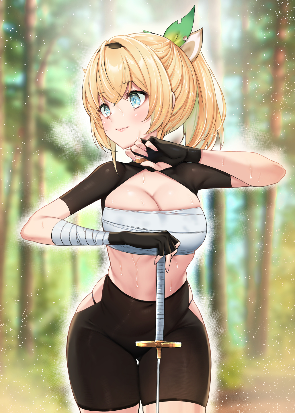 1girl aqua_eyes bandages black_gloves blonde_hair breasts chest_sarashi cleavage closed_mouth covered_navel double-parted_bangs fingerless_gloves forest gloves hair_between_eyes highres hololive katana kazama_iroha kazama_iroha_(1st_costume) large_breasts light_blush lips long_hair mushi024 nature ponytail sarashi skindentation solo stomach sweat sword thigh_gap thighs virtual_youtuber weapon