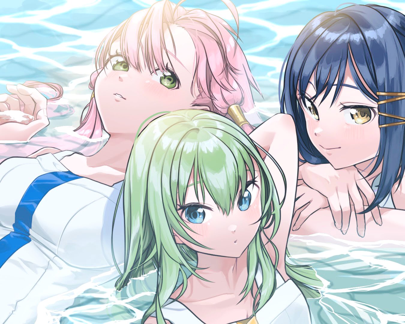 3girls adapted_costume aika_granzchesta alice_carroll aogirism aria arm_up blue_eyes blue_hair blush breasts brown_eyes closed_mouth collarbone dress green_eyes green_hair hair_between_eyes hair_ornament hair_tubes hairclip impossible_clothes long_hair looking_at_viewer lying medium_breasts mizunashi_akari multiple_girls on_back on_stomach parted_bangs parted_lips partially_submerged pink_hair short_hair short_hair_with_long_locks sidelocks smile water white_dress