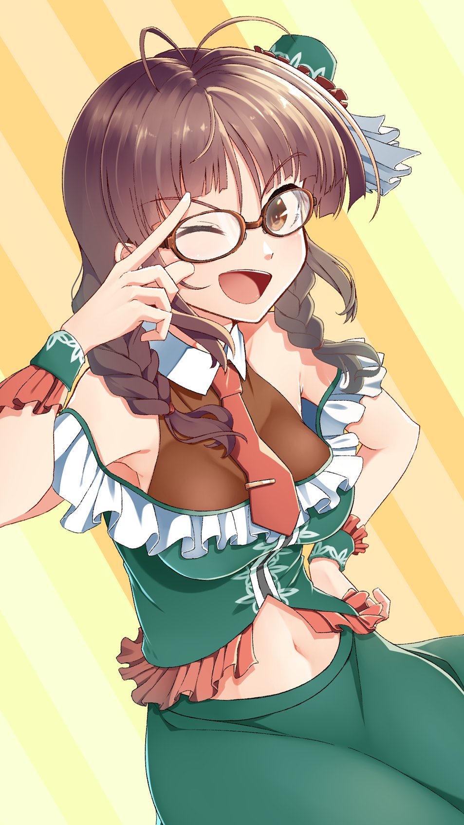 1girl ahoge akizuki_ritsuko antenna_hair armpits bare_shoulders braid breasts brown_eyes brown_hair cleavage collarbone cropped_shirt detached_collar frilled_shirt frills glasses green_shirt green_skirt hadaka_megane hand_on_own_hip hat hat_ornament highres holding holding_eyewear idolmaster idolmaster_(classic) idolmaster_million_live! idolmaster_million_live!_theater_days large_breasts midriff mini_hat navel necktie one_eye_closed open_mouth red_necktie scrunchie shirt short_hair skirt smile solo striped striped_background twin_braids yellow_background