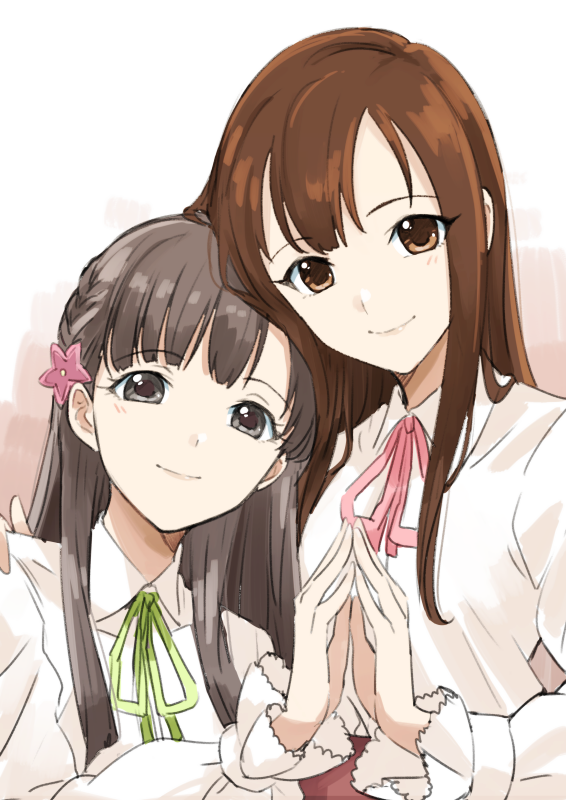 2girls black_eyes black_hair blunt_bangs blush braid breasts brown_eyes brown_hair closed_mouth green_ribbon hair_ornament hand_on_another's_shoulder heads_together idolmaster idolmaster_cinderella_girls idolmaster_cinderella_girls_starlight_stage kobayakawa_sae long_hair long_sleeves looking_at_viewer medium_breasts mizumoto_yukari multiple_girls neck_ribbon pink_ribbon ribbon shirt simple_background smile star_(symbol) star_hair_ornament tsukikage_oyama upper_body white_background white_shirt