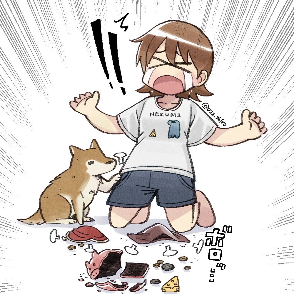 021_shiro 1girl aioi_yuuko black_shorts brown_hair cheese collarbone crying food nichijou open_mouth piggy_bank shirt short_hair shorts simple_background solo speed_lines twitter_username wallet white_background white_shirt