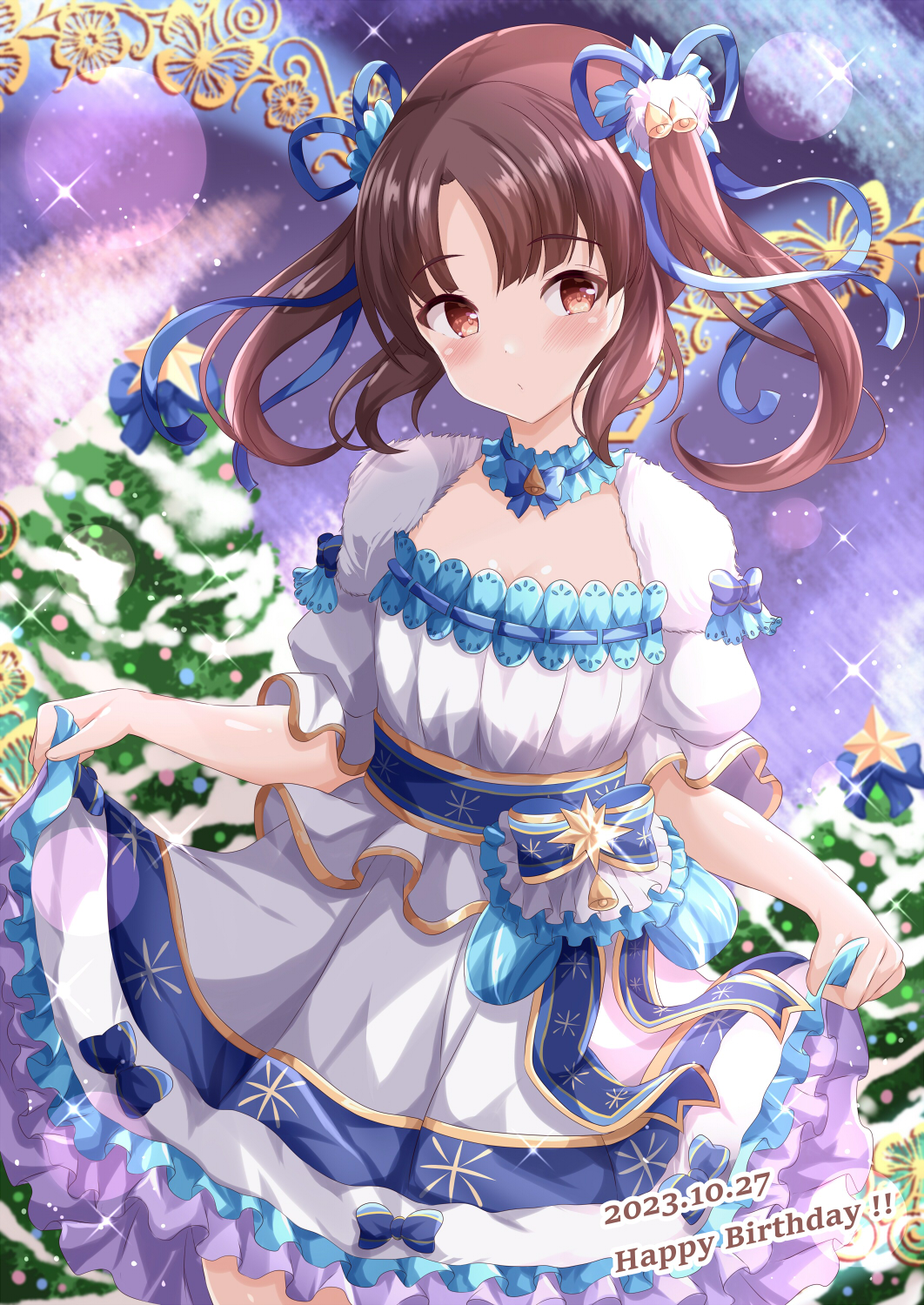1girl bell blue_bow blue_ribbon blush bow breasts brown_eyes brown_hair character_request christmas christmas_ornaments christmas_tree cleavage closed_mouth commentary_request dated dress frilled_dress frills hair_bell hair_ornament hair_ribbon happy_birthday highres looking_at_viewer ongeki parted_bangs puffy_short_sleeves puffy_sleeves ribbon short_sleeves skirt_hold small_breasts solo star_(symbol) twintails white_dress xenon_(for_achieve)