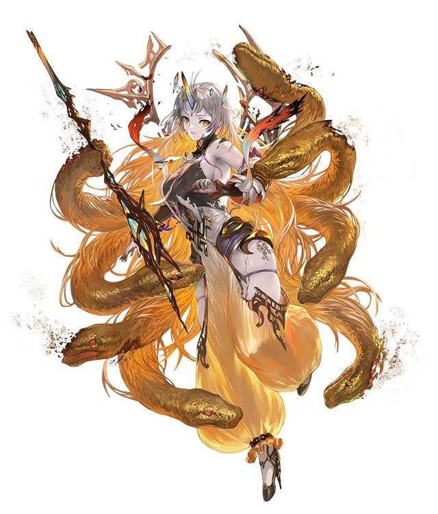 1girl bare_shoulders blonde_hair bodysuit breasts clothing_cutout detached_sleeves fire_emblem fire_emblem_heroes gold_trim gradient_clothes grey_bodysuit grey_hair gullveig_(fire_emblem) horns large_breasts long_hair long_sleeves looking_at_viewer multicolored_hair open_pants pale_skin pants puffy_pants seidr_(fire_emblem) single_horn snake snake_hair solo thick_thighs thigh_cutout thigh_strap thighs tight_clothes torn_clothes two-tone_hair very_long_hair yellow_eyes yoshiku_(oden-usagi)