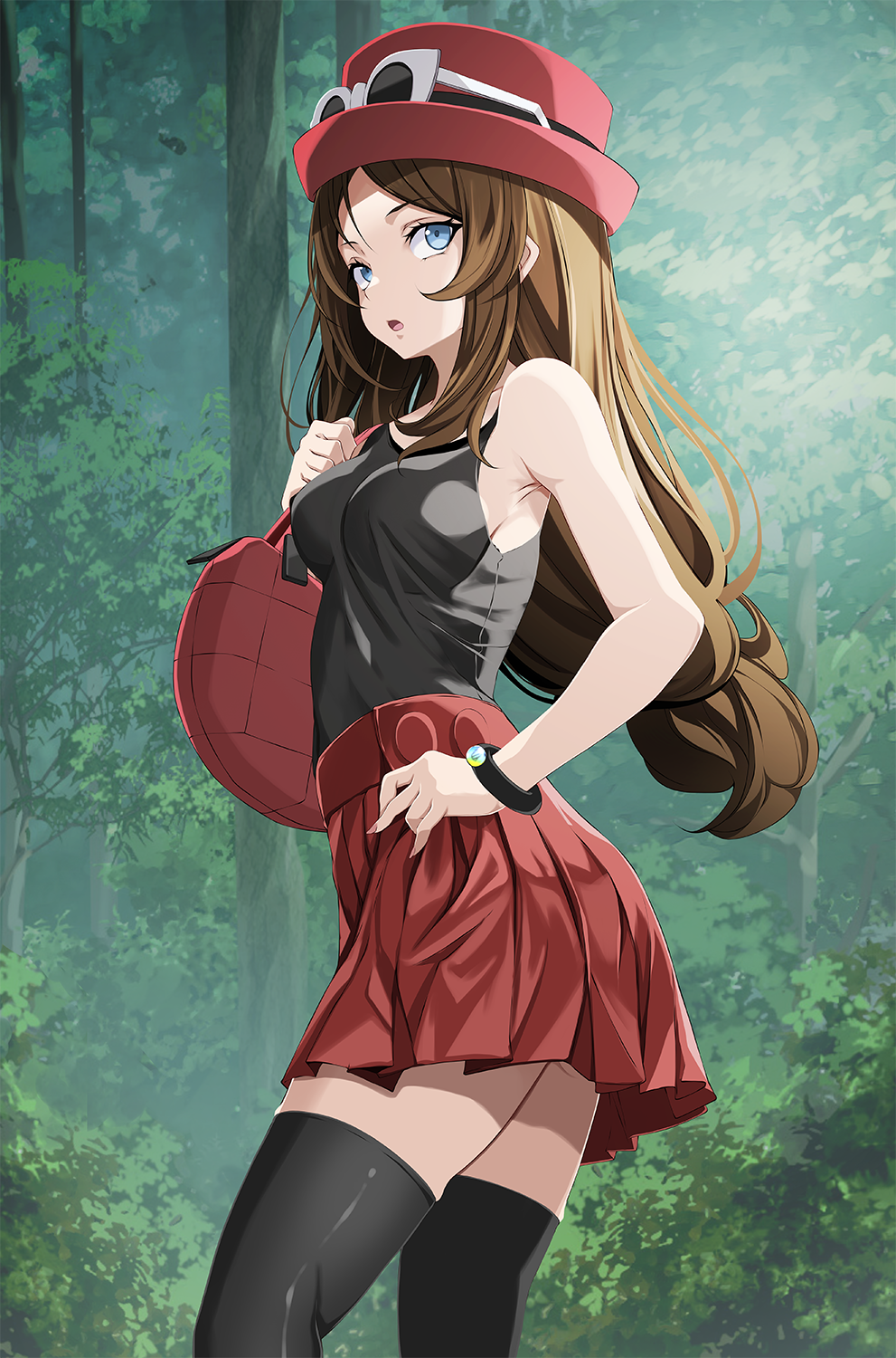 1girl bag bare_arms black_shirt black_thighhighs blue_eyes bracelet breasts brown_hair eyewear_on_headwear forest from_side hand_on_own_hip hat highres holding holding_bag jewelry long_hair low-tied_long_hair medium_breasts miniskirt nature open_mouth outdoors parted_bangs pleated_skirt pokemon pokemon_(game) pokemon_xy red_headwear red_skirt serena_(pokemon) shirt skirt sleeveless sleeveless_shirt solo standing sunglasses thighhighs tsukishiro_saika very_long_hair white-framed_eyewear zettai_ryouiki