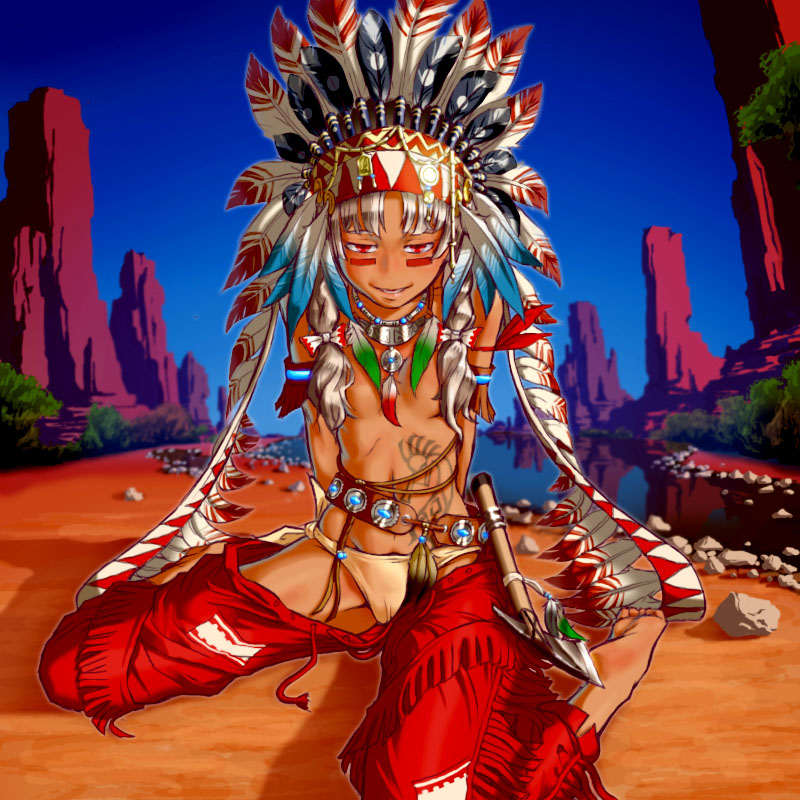 1girl alternate_hairstyle alternate_skin_color axe baraizo barefoot dark_skin feathers fringe_trim fujiwara_no_mokou hat_feather headdress looking_at_viewer multicolored_feathers native_american native_american_headdress nature outdoors red_eyes river skinny smile solo tan tattoo thong touhou traditional_clothes warbonnet