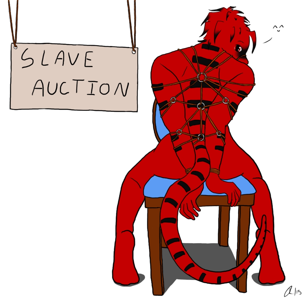 2015 aemi anthro black_body black_skin bound chair digital_drawing_(artwork) digital_media_(artwork) furniture furx_(character) hands_tied lizard looking_at_viewer male red_body red_eyes red_skin reptile scalie sign signature simple_background sitting solo text white_background