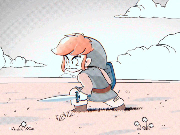 1boy 3d animated animated_gif belt boots braindumptweets brown_footwear cloud cloudy_sky commentary emma_koch english_commentary green_tunic holding holding_shield holding_sword holding_weapon link looping_animation outdoors pants red_hair rotated shield sidelocks sky solo standing sword the_legend_of_zelda toriyama_akira_(style) v-shaped_eyebrows weapon white_pants