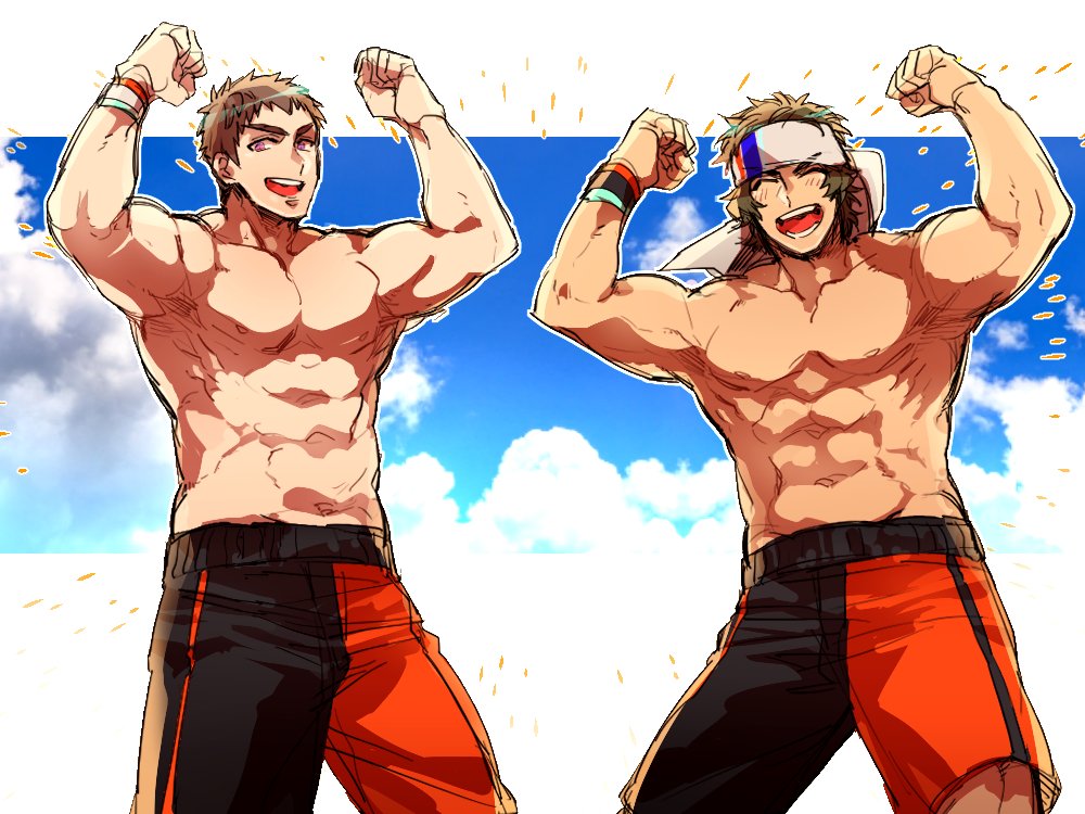 abs ag_ss41 armpits bara brown_hair closed_eyes enjoji_michiru flexing happy_aura headband idolmaster idolmaster_side-m looking_at_viewer male_focus male_swimwear multiple_boys muscular muscular_male official_alternate_costume open_mouth pectorals purple_eyes shingen_seiji short_hair sky smile sweatband swim_trunks tan teeth topless_male v-shaped_eyebrows