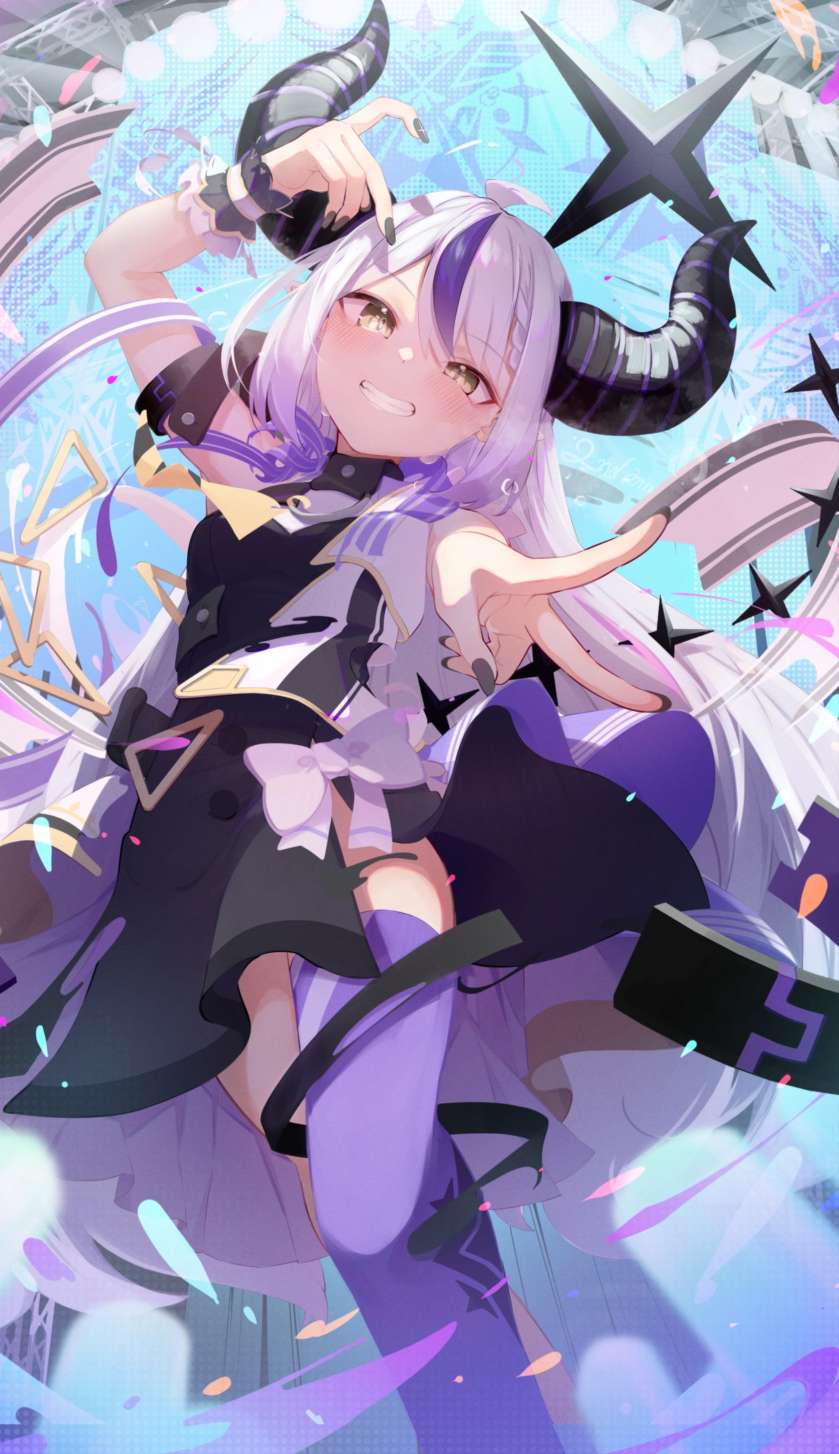 1girl ahoge arm_cuffs ascot bare_shoulders black_horns black_nails braid braided_bangs grey_hair highres hololive hololive_idol_uniform horns la+_darknesss la+_darknesss_(1st_costume) long_hair motoi_(croa76) multicolored_hair official_alternate_costume pointy_ears purple_hair purple_thighhighs single_thighhigh smile solo streaked_hair striped_horns sweat thighhighs transforming_clothes virtual_youtuber wrist_cuffs yellow_ascot yellow_eyes