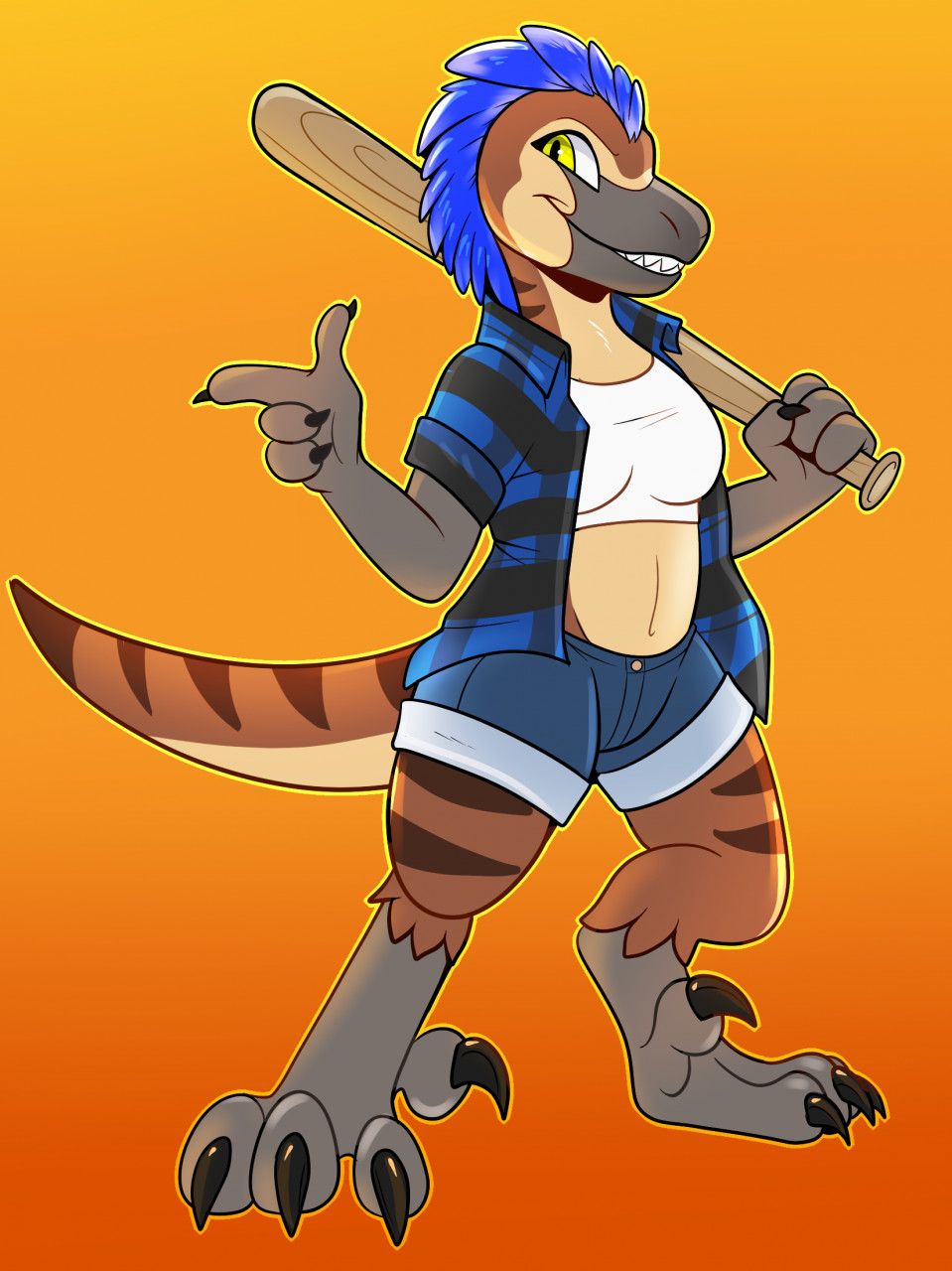 anthro bandela baseball_bat bat_(object) belly black_claws blue_body blue_clothing blue_feathers blue_topwear bottomwear breasts brown_body clawed_fingers claws clothing collared_shirt cutoffs denim denim_clothing digital_drawing_(artwork) digital_media_(artwork) digitigrade dinosaur dromaeosaurid feathered_crest feathered_dinosaur feathers feet female gesture grey_body grey_scales grin head_crest hi_res looking_at_viewer midriff non-mammal_breasts pattern_clothing pattern_topwear plaid plaid_clothing plaid_topwear pointing reptile rindeadsong scales scalie shirt shorts smile solo standing stripes tail tan_belly tank_top teeth theropod thick_thighs toe_claws toes topwear utahraptor white_clothing white_topwear yellow_eyes