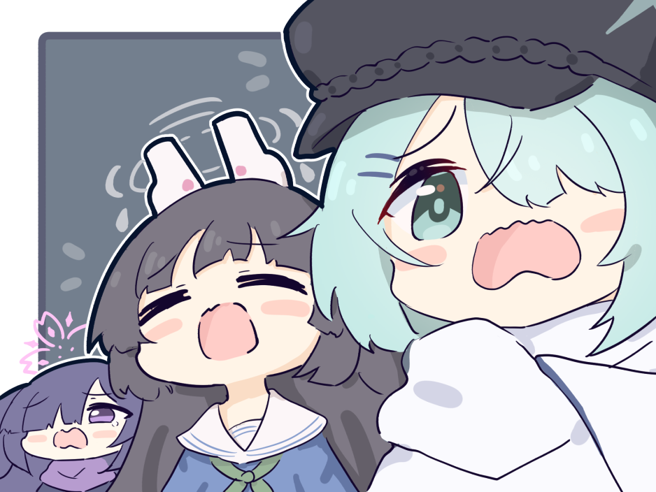 3girls animal_ears aqua_eyes aqua_hair black_hair black_headwear blue_archive blue_shirt chibi commentary grey_halo hair_ornament hair_over_one_eye hairclip halo hat hiyori_(blue_archive) miyu_(blue_archive) multiple_girls no_nose open_mouth pink_halo purple_eyes purple_hair rabbit_ears sailor_collar scarf shirt tsukuyo_(blue_archive) umihio upper_body white_sailor_collar white_scarf