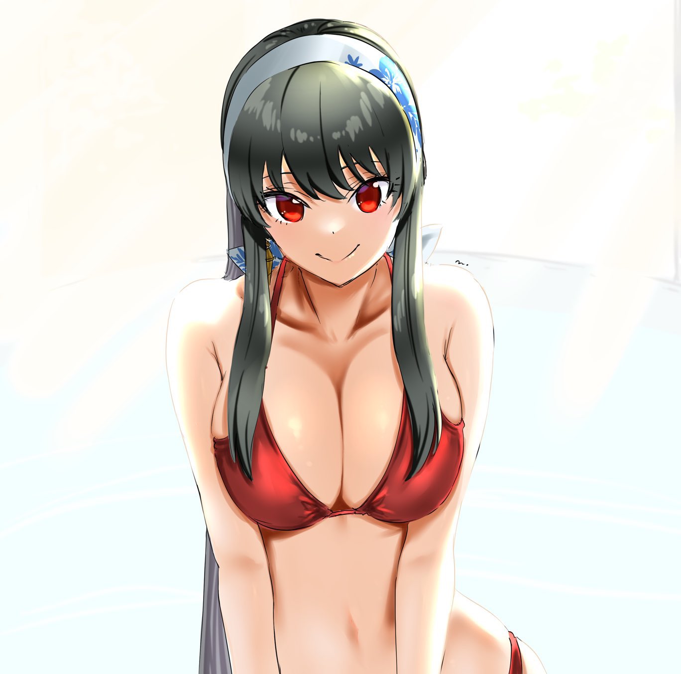 1girl bikini black_hair breasts closed_mouth collarbone earrings hair_down hairband highres jewelry large_breasts long_hair looking_at_viewer mitsugu navel red_bikini red_eyes sidelocks smile solo spy_x_family stomach straight_hair swimsuit upper_body very_long_hair yor_briar