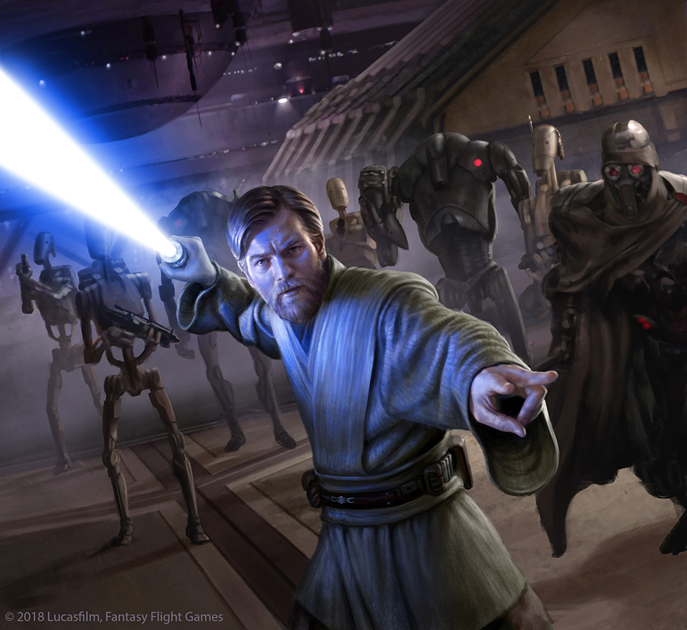 1boy 6+others b1_battle_droid b2_battle_droid beard belt blonde_hair blue_lightsaber brown_tunic commentary copyright_name energy_sword english_commentary facial_hair gun holding holding_gun holding_lightsaber holding_weapon ig-100_magnaguard indoors lightsaber multiple_others obi-wan_kenobi official_art r-valle robot short_hair star_wars star_wars:_revenge_of_the_sith sword watermark weapon